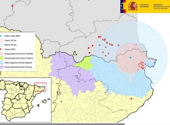 Het getroffen bedrijf ligt in het noordoosten van Spanje, vlakbij de Franse grens (beeld: Ministerio de Agricultura, Espagna)