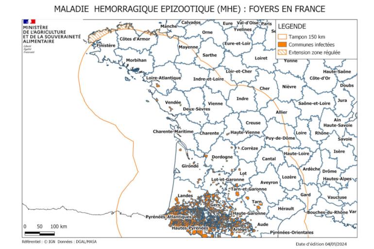 De bufferzone (oranje lijn) loopt al tot aan Normandië. Alle oranje stukjes zijn met EHD besmette bedrijven (bron: Franse ministerie van Landbouw en Voedselsoevereiniteit)