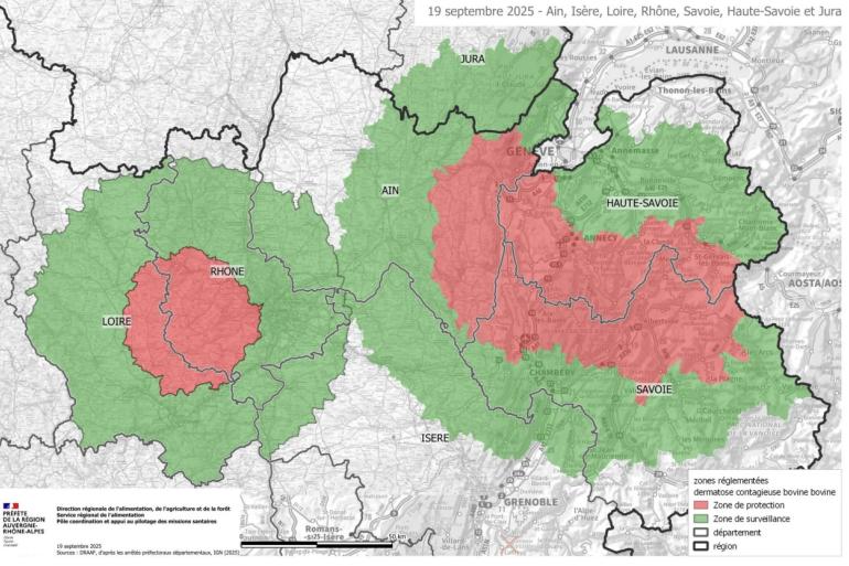 Als gevolg van de nieuwe LSD-besmetting is het beperkingsgebied in Frankrijk uitgebreid naar de Rhône-regio