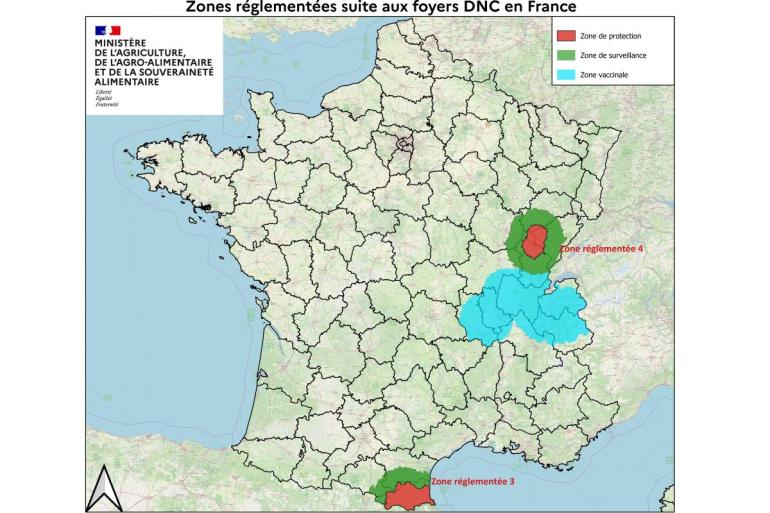 De twee regio’s waar nog restricties gelden rondom LSD (bron: Franse ministerie van Landbouw)